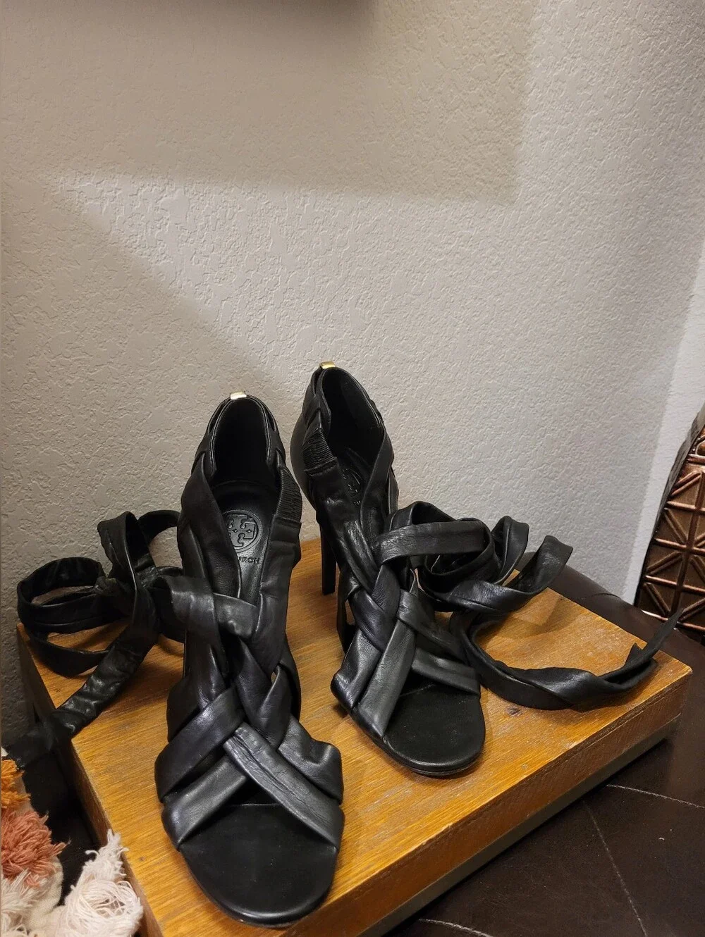 Tory Burch Leather Black Wrap-Around Strappy Stiletto Sandal